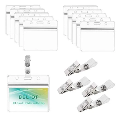 Afbeelding van BELIOF 50 stuks ID hoezen met clip, naambordjes, transparant, kunststof, kaarthouder, kaart, waterdichte kaarthouder metalen badgeclips voor badgehouder