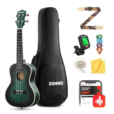 Afbeelding van Donner Concert ukelele Professional Kit 23 inch mahonie voor beginners volwassenen kinderen ukele bundel met online les Gigbag Aquila String Pick Tuner Strap Cloth, DUC 200B blauw