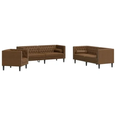 Afbeelding van vidaXL 3 delige Loungeset Chesterfield met bolsters kunstsuède bruin