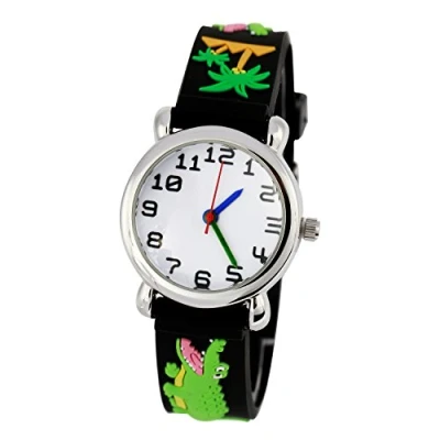 Afbeelding van ele ELEOPTION Girl&#039;s digitale quartz waterdichte 3D schattige cartoon ronde wijzerplaat polshorloge met siliconen riem, Krokodil, Zwart, riem