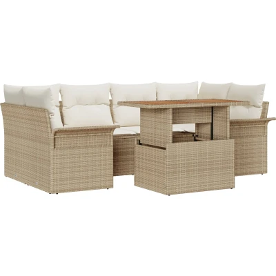 Afbeelding van vidaXL 7 delige tuinsofa set met kussens Beige Poly Rattan Acacia