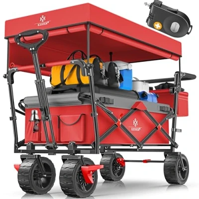 Afbeelding van KESSER® opvouwbare Handkar GT9000 met dak Transportwagen incl. 2X 3 punts gordelsysteem opvouwbaar massief rubberen banden tot 80 kg voor en achter remmen + draagtas, rood/grijs