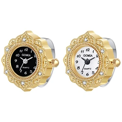 Afbeelding van JewelryWe Nieuwigheid Vinger Horloge Klassieke Goud Verzilverd Ronde Dial Quartz Ringen Verstelbare Rhinetsone Ring Horloge, voor Moederdag, Goud, 2 stuks, Klassiek