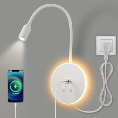 Afbeelding van Awekliy 3W+9W LED Zwanenhals leeslamp wandlamp,bedlampje Schakelaar reading lamp Slaapkamer,usb oplaadbaar,verstelbare spotlight Binnenverlichting (3W natuurlijk licht+8W warm licht) Met stekker,Wit