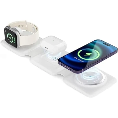Afbeelding van Tiergrade 3 in 1 draadloze oplader voor Apple apparaten, magnetisch opvouwbaar laadstation, reisoplader iPhone 14/13/12 serie, AirPods 3/2/Pro/Pro2, iWatch (adapter meegeleverd), wit