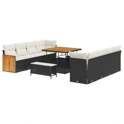 Afbeelding van vidaXL 11 delige Tuin Sofa Set met Kussens Zwart Poly Rattan Acacia, 2 zits Rattan, 3 delig Eetset Acacia