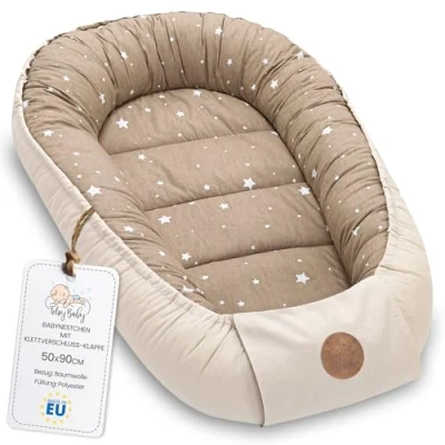 Afbeelding van Babynest babynestje pasgeboren met draaggreep 90 x 50 cm baby nestje draagbaar nest voor bed kinderen knuffelnest cocon jongens en meisjes Beige Witte Sterren