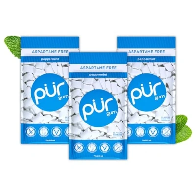Afbeelding van PUR 100% Xylitol Chewing Gum, Sugarless Peppermint, Aspartame Free + Sugar Free, Vegan &amp; Keto Friendly Relieves Dry Mouth Fresh Mint Pure Natural Flavoured Candy, 55 Count (Pack of 3)