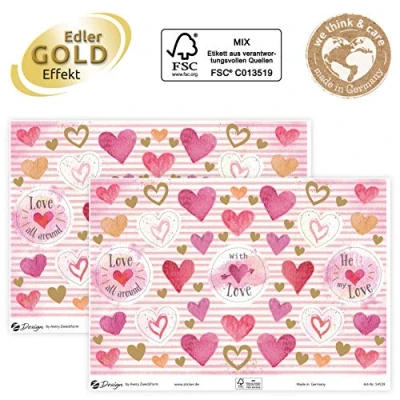Afbeelding van AVERY Zweckform Decoratieve stickers 112 harten, Love (etiketten op A5 vellen, zelfklevende etiketten voor verjaardag, bruiloft, feesten, geschenken en kaarten, met goudeffect in roze, roze goud)