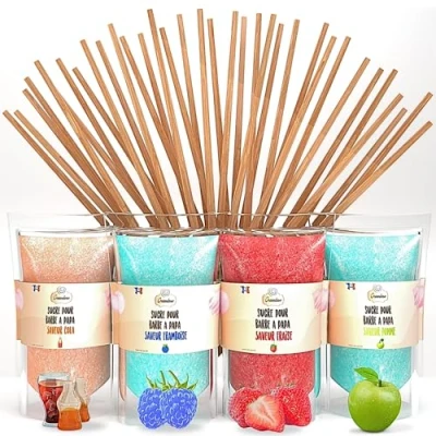 Afbeelding van Greendoso Suikerspin Suiker (4x320 Gr) = 1,280 Kg (Aardbei Cola Framboos Appel) Suikerspinmachine Poeder + 50 30Cm Sticks (Gratis) 1 Meetlepel