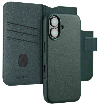 Afbeelding van Apple iPhone 16 MagSafe Hoesje Echt leder Accezz Bookcase/2 in 1 Case Donkergroen Telefoonhoesje