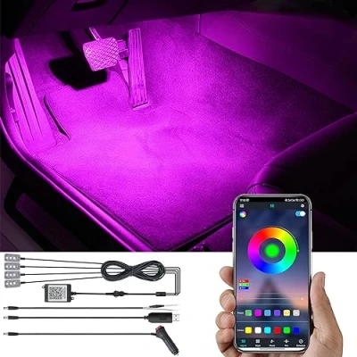 Afbeelding van TABEN Auto Sfeerverlichting Kit 64 Kleuren Bluetooth APP Controle USB Voetenruimte Sfeer Licht, DIY 16 Miljoenen RGB Meerkleurig Geluid Actieve Muziek Synchronisatie interieurverlichting 12V