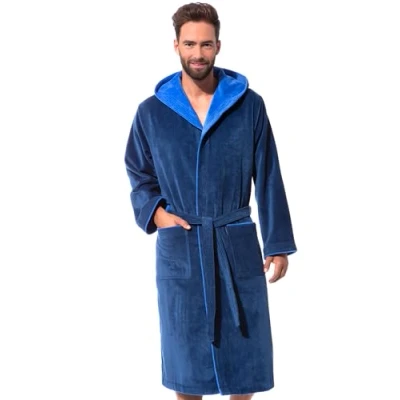 Afbeelding van Morgenstern heren sauna badjas met capuchon van puur velour katoen blauw XL