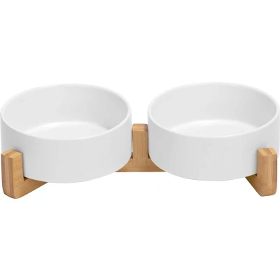 Afbeelding van SPUNKYJUNKY Keramische dubbele hondenvoerbak met bamboestandaard voor katten en honden (400 ml, wit)