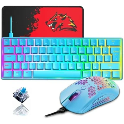 Afbeelding van ZIYOU LANG T60 60% Compact Mechanisch Gaming Toetsenbord Muis Pc Set Blauwe Switch 12000 DPI QWERTY UK Layout Mini 62 Toetsen, Afneembare USB Type C Kabel RGB Programmeermuis