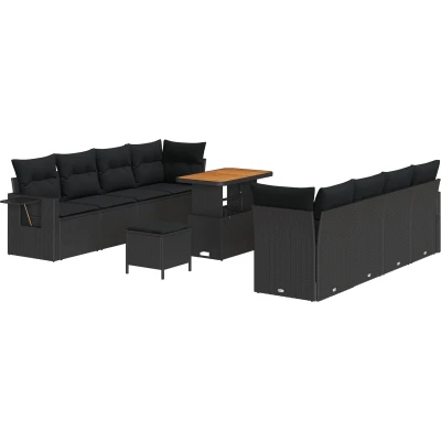 Afbeelding van vidaXL 11 delige Tuin Sofa Set met Kussens Zwart Poly Rattan Acacia, 3 Eet Acacia