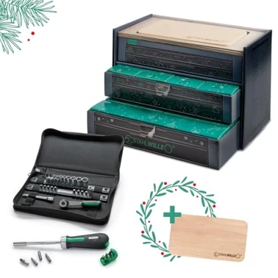 Afbeelding van STAHLWILLE Gereedschap adventskalender 2024, 1/4 inch ratelschroevendraaier, steeksleutel, bits, premium steeksleutelset, Made in Germany