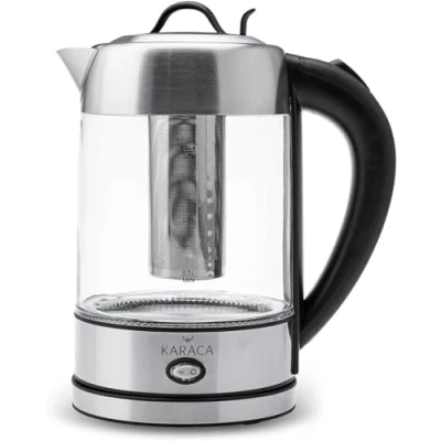 Afbeelding van Karaca Waterkoker, glas, 1,7 liter, led verlichting inox, roestvrijstalen ketel, BPA vrij, 2200 watt, 10/15 kopjes, warmhoudfunctie, kruidenthee, theemachine