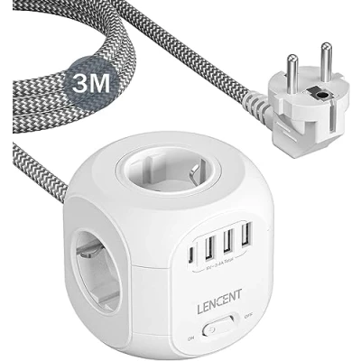 Afbeelding van LENCENT 8 in 1 Cube Stopcontact, 4 Voudige Stopcontacten met 3 USB en Type C, Meervoudige Stekkerdoos USB, Stekkeradapter Schakelaar Wandstopcontact, 3M Gevlochten Kabel Power Strip