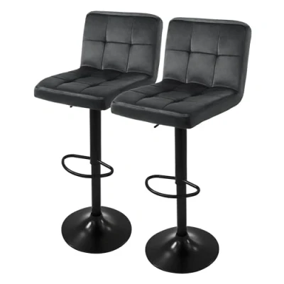 Afbeelding van Barkruk set van 2 grijs fluwelen bekleding met rugleuning en voetensteun in hoogte verstelbaar 63 83cm ML Design