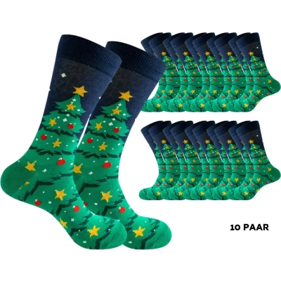 Afbeelding van 10 paar Kerstsokken met kerstboom rode ballen en gouden sterren Sokken heren/dames maat 40 45 grappig design kerstcadeau Groepscadeau