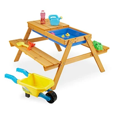 Afbeelding van Relaxdays picknicktafel kinderen hout, 2 in 1 speeltafel &amp; zand en watertafel, voor de tuin, HxBxD: 49x90x85 cm, natuur
