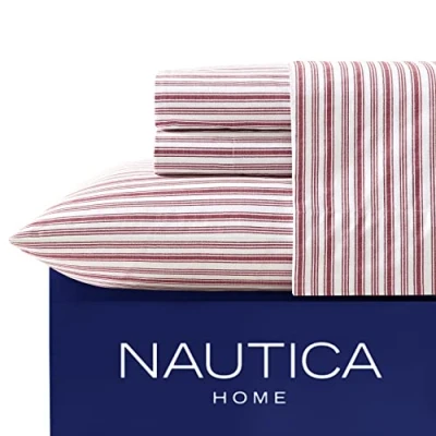 Afbeelding van Nautica Percale Collectie Beddengoedset 100% katoen, knapperig &amp; koel, lichtgewicht en vochtafvoerend beddengoed, Twin XL, Coleridge rood