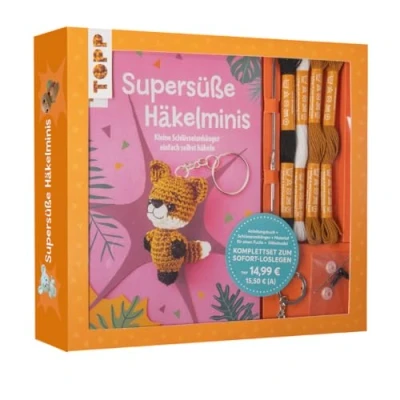 Afbeelding van Kreativ Set Supersüße Häkelminis. Anleitungsbuch + Material: Buch (32 S., DIN A5, Softcover), Baumwollgarn (3 Farben), Häkelnadel 1,25mm, Füllwatte (100% Polyester), Sicherheitsaugen, Schlüsselring