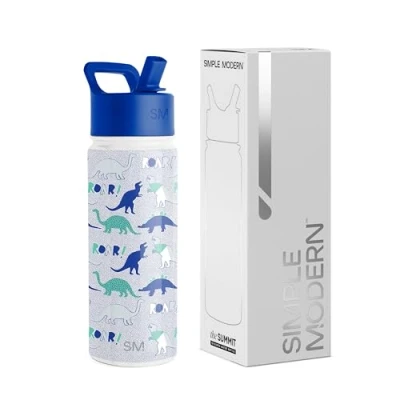 Afbeelding van Simple Modern Summit Collection Waterfles met rietje, thermobeker van roestvrij staal, geïsoleerd, herbruikbaar, voor jongens en meisjes school, 530 ml, dinosaurus rood