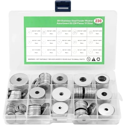 Afbeelding van 230 stuks grote platte sluitringen, 304 roestvrij staal, borgringen, assortiment kit, metalen schijven, moeren, 15 maten M3/M4/M5/M6/M8/M10/M12 (230 zilver)