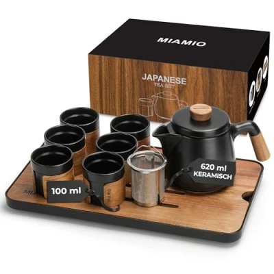 Afbeelding van MIAMIO Japans/Chinese theeservies 6 x 100 ml/Aziatische theepot 620 ml met thee ei traditionele Japanse theekopjes set voor theeliefhebbers / mannen vrouwen (zwart)