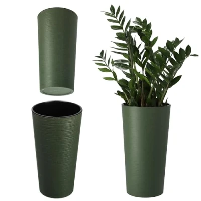 Afbeelding van KADAX bloempot met houtspaanders, elegante uitneembare inzet, bloempotbescherming voor kantoor, bloembak, pot, tuinschaal (diameter 19 cm, groen)