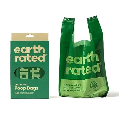 Afbeelding van Earth Rated Hondenzakjes met handvatten, eenvoudig te sluiten en gegarandeerd lekvrij, geurvrij, 120 zakjes handvatten.