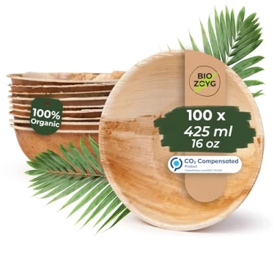 Afbeelding van BIOZOYG Palmware milieuvriendelijk wegwerpservies van palmbladeren I 100 stuks palmblad schaal rond 425ml Ø15cm slakom dipschalen soepkom serveerschaal snackschaal