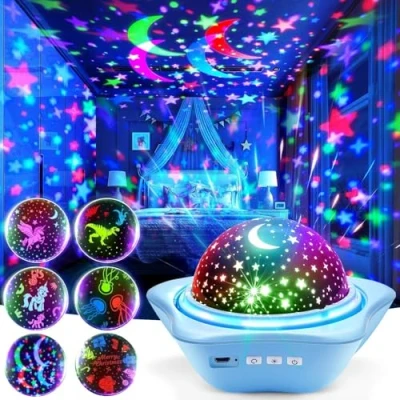 Afbeelding van ONEFIRE Nachtlampje Projector Kinderen, 360 Roterende +3 Films Projector, 48 Verlichtingsmodi Sterren Lichten voor Slaapkamer, USB Oplaadbare Galaxy Lamp, LED baby Star Light