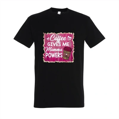 Afbeelding van T shirt Coffee gives me momma powers Zwart Maat L met print dames