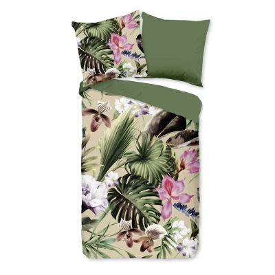 Afbeelding van Dekbedovertrek 135x200 cm Tropische Bladeren en Bloemen Print Groen 1 Persoons 100% Katoen