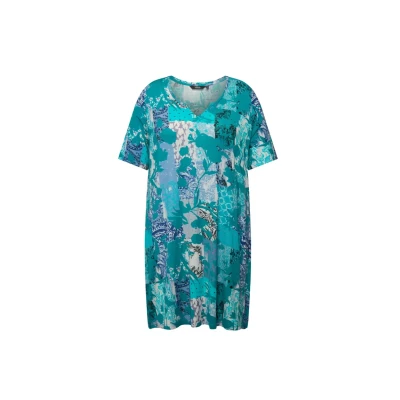 Afbeelding van Ulla Popken Floral Patch Print Short Sleeve KNIT Tuniek, Dames, Maat: 42/44, Deep aqua