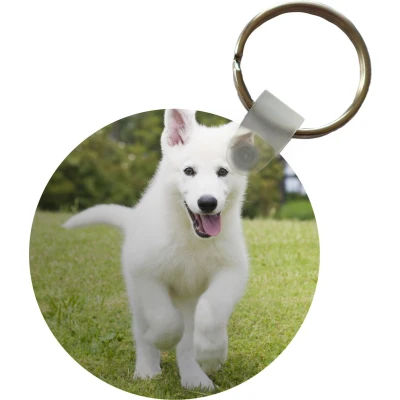 Afbeelding van Sleutelhanger Een witte Duitse Herder puppy Plastic Rond Uitdeelcadeautjes