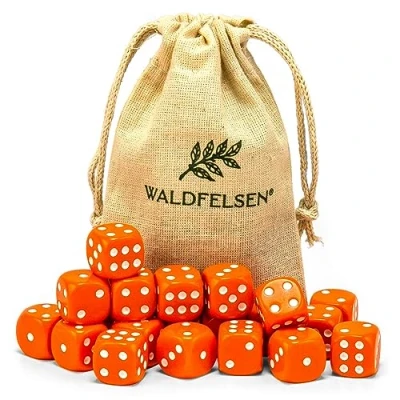 Afbeelding van Waldfelsen 6, 12, 20, 30 of 50 hoogwaardige dobbelstenen, standaardformaat, 16 mm, acryldobbelstenen, speeldobbelstenen, 6 zijdig, zeszijdig speelaccessoireset met stoffen zak (oranje,