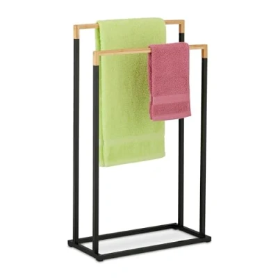 Afbeelding van Relaxdays handdoekenrek 2 stangen staande handdoekhouder metaal en bamboe badkamer
