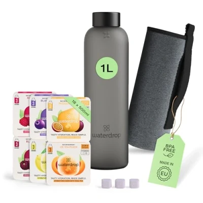 Afbeelding van Waterdrop® Starterset van glas, glazen fles + 18 microdranken voor het oplossen in 6 fruitige soorten, probeerpakket, 1l fles, lekvrij, geschikt koolzuurhoudende dranken, suikervrij