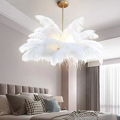 Afbeelding van NZDY Moderne Scandinavische plafondlamp, 3 lampen, struisvogelveren, hangende plafondlampen, aluminium hanglamp, lamp voor bar, eetkamer, woonkamer, slaapkamer, wit, 75