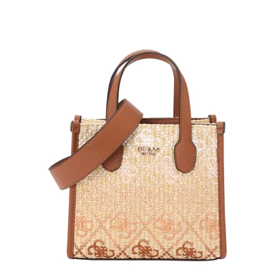 Afbeelding van GUESS Handtas Schoudertas Silvana Mini Two Compartment Tote Cognac Logo Beige