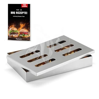 Afbeelding van Räucherphorie rookbox roestvrij staal robuuste rookoven box + e book met de lekkerste recepten grill universeel als gasgrill of houtskoolgrill (rookbox Basic)