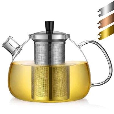 Afbeelding van ecooe Glazen Theepot met Theefilters,1500ml van Glas Infuser, Borosilicaat Deksel voor Theebloemen, Losse thee en Theezakjes, Zilver