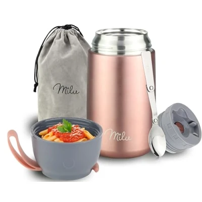 Afbeelding van Milu® Thermocontainer voor eten, 800 ml, roestvrij stalen warmhoudcontainer met lepel, thermobeker thermische lunchbox kinderen en volwassenen, thermobox soepen, babypap,