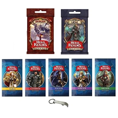 Afbeelding van Set van 7 Hero Realms Extensions in het Frans Liche + Draak Boogschutter Tovenaar Krijger Dief Clerk 1 Blumie flesopener