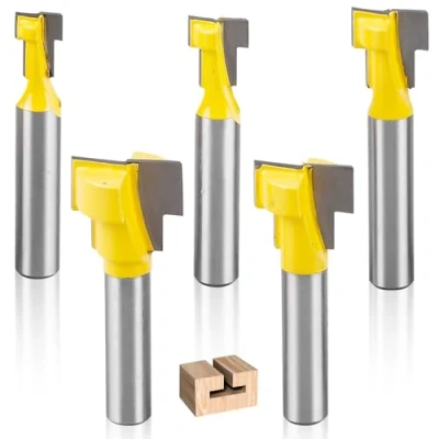 Afbeelding van 5 delige frees, 8 mm schacht, groeffrees, freesschacht, T track sleuf houtfrees, router