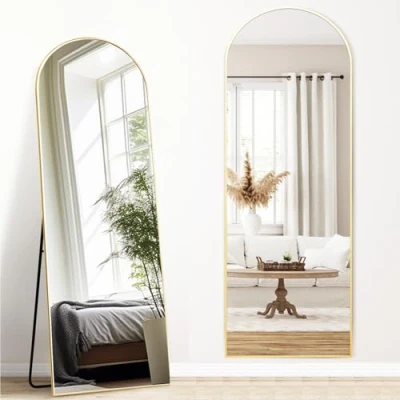 Afbeelding van Melodieux Bogen full body spiegel, 161 x 52 cm, volledige lengte, grote vrijstaande goudkleurig aluminium frame, aankleedspiegel, wandgemonteerde spiegel voor woonkamer, slaapkamer